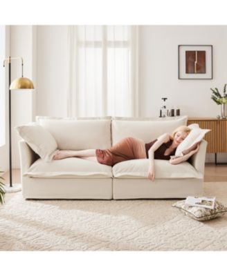 1 Count Cream Chenille Sectional Sofa with Ottoman and Pillows