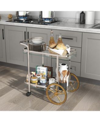 2-Tier Tempered Glass Bar Cart with 2 Large Aluminum Wheels and 2 Rolling Casters
