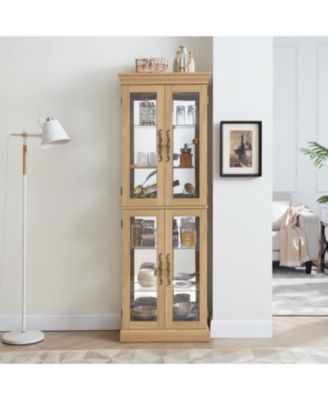 Elegant Glass Display Cabinet with Lighting and Light Oak Frame