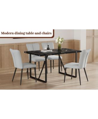 Modern Marble Dining Set Black Table & Light Gray Striped Chairs