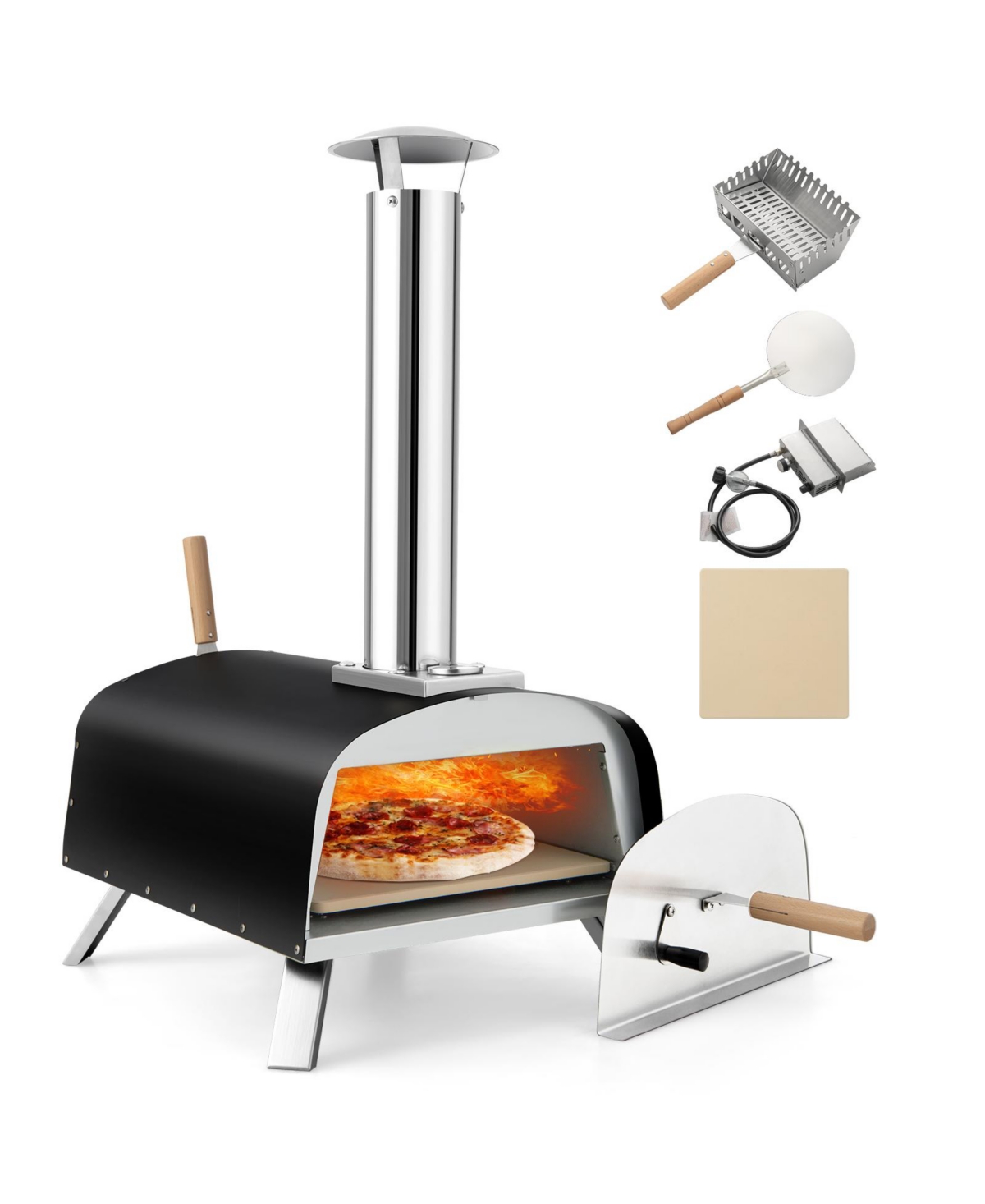 Portable Multi-Fuel Pizza Oven with Pizza Stone and Pizza Peel - Black