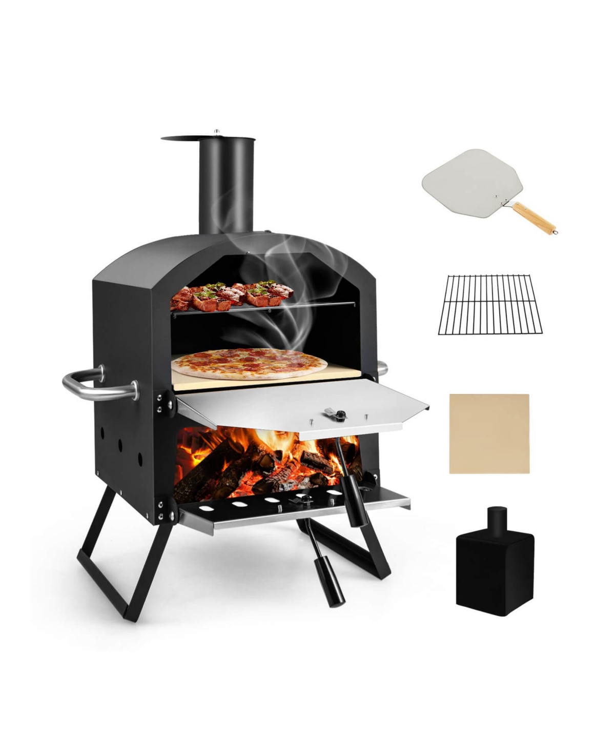 2-Layer Pizza Oven with Removable Cooking Rack and Folding Legs - Black