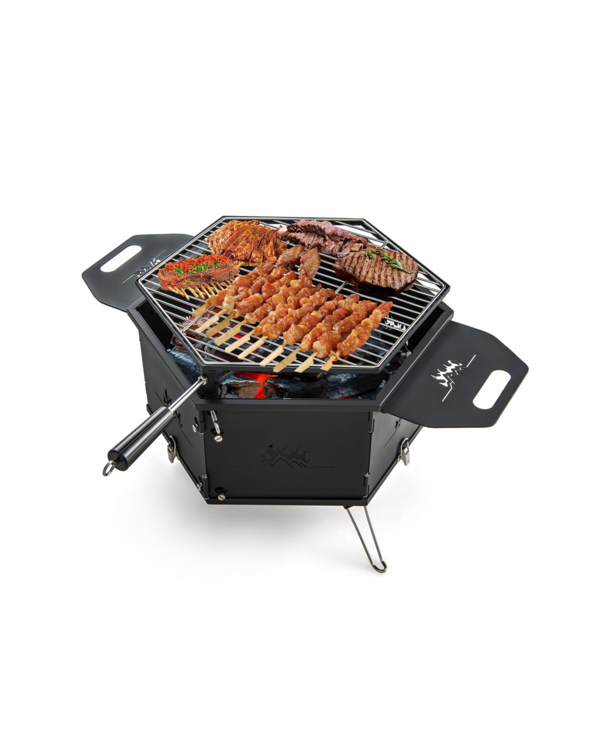 Portable Charcoal Grill Stove Rotatable with Foldable Body and Legs with Handles - Black