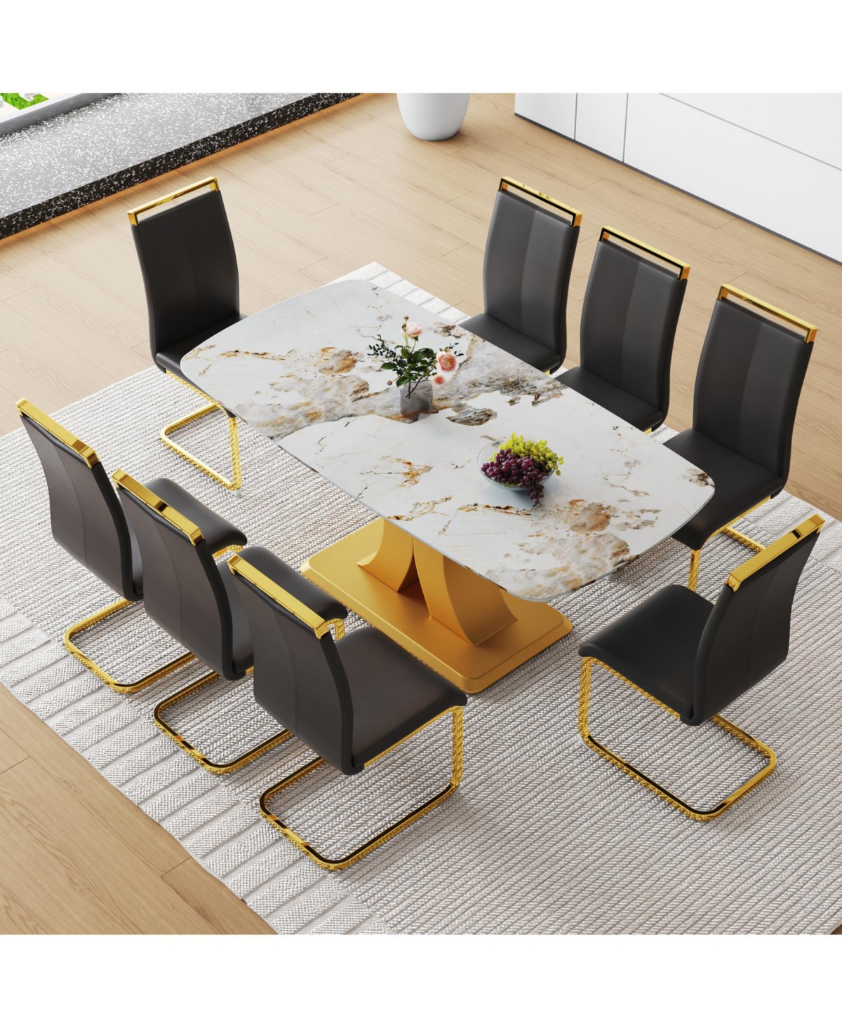 Streamdale 71" Pandora Glass Dining Set w/ 8 Black Pu Chairs