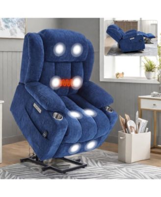 Streamdale 1 Pc. Blue Chenille Upholstered Power Lift 8-Point Massage Recliner with Lumbar Heat, USB Ports & Stainless Steel Cup Holders Chair