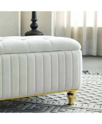  Beige Velvet Storage Ottoman with Gold Decor