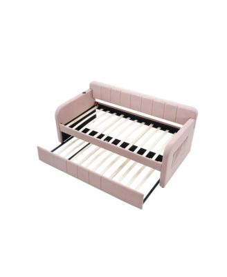 Twin Daybed Frame with Trundle, Sofa Bed, Wood Slat Support, Pink
