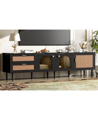 Streamdale Rattan TV Stand with 3 Cabinets & LED Light