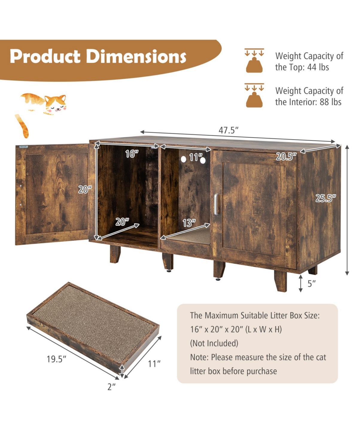 2-Door Cat Litter Box Enclosure with Winding Entry and Scratching Board