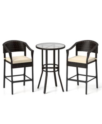 3-Piece Patio Rattan Bar Set with Tempered Glass Top for Backyard Poolside
