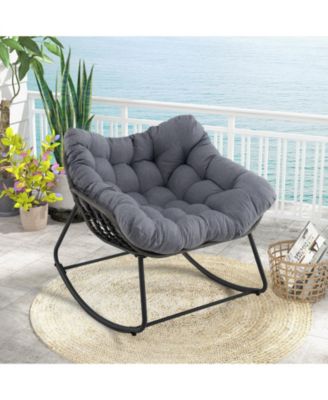 Outdoor Rocking Chair Oversized Patio PE Wicker Egg Chair with Cushion-Gray