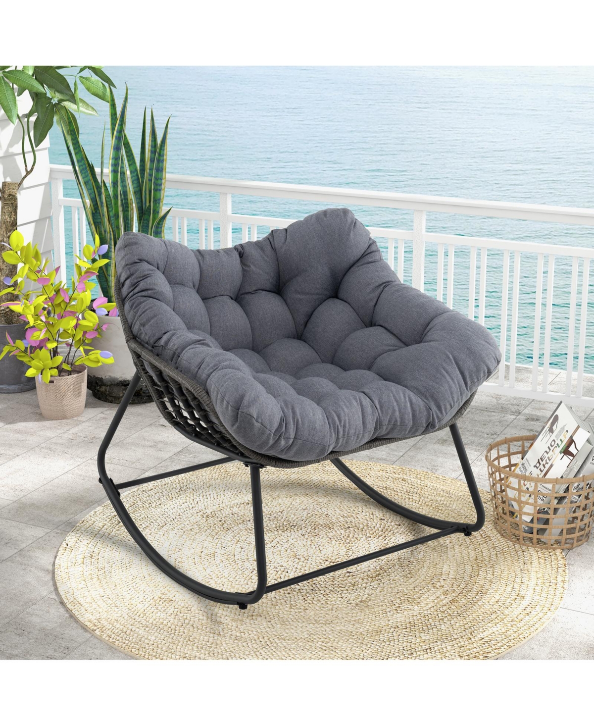 Outdoor Rocking Chair Oversized Patio Pe Wicker Egg Chair with Cushion-Gray