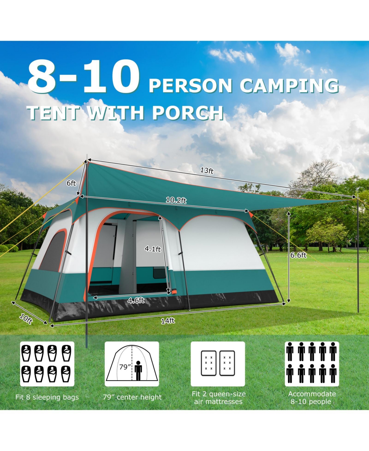 8-10 Person Camping Tent with Double Rooms and 2 Doors