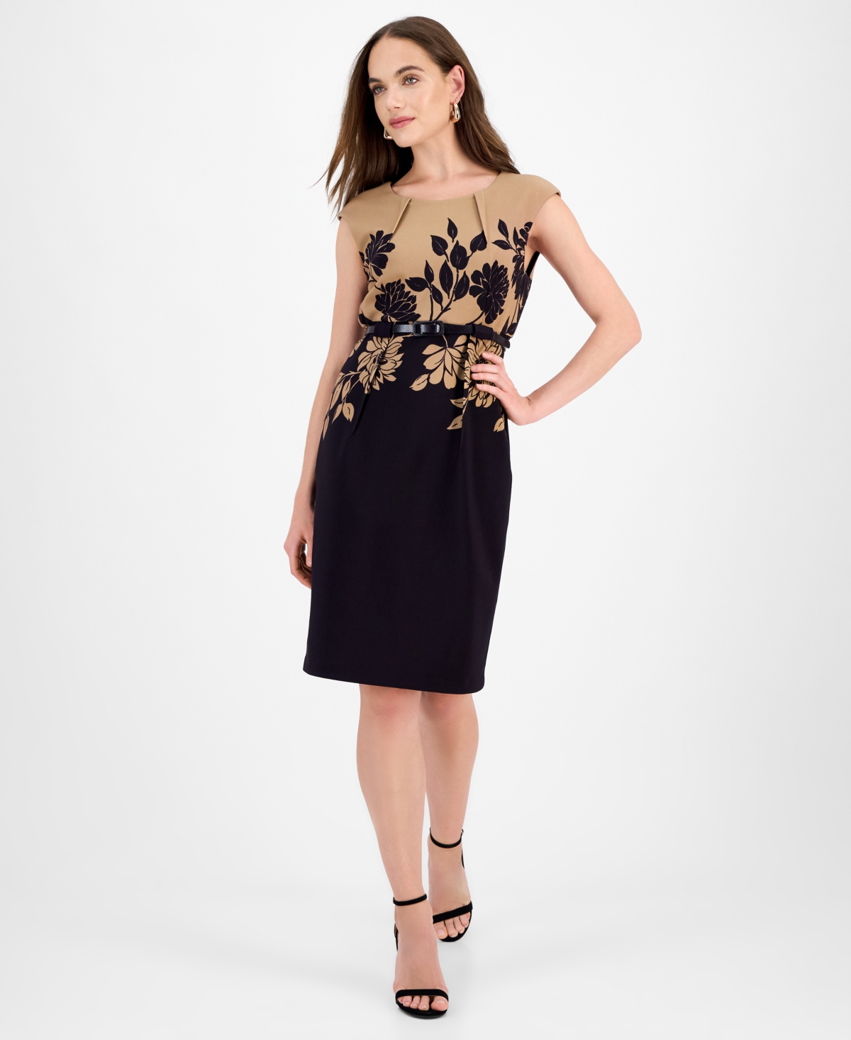 Women's Ottoman Floral Placed Print Belted Dress - Auburn/ Gold
