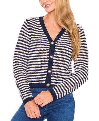 CeCe - Women's Long-Sleeve Striped Pointelle Cardigan