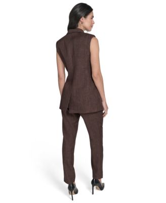Calvin Klein Womens Double Breasted Peak Lapel Sleeveless Jacket Novelty High Rise Skinny Ankle Pants In Brown