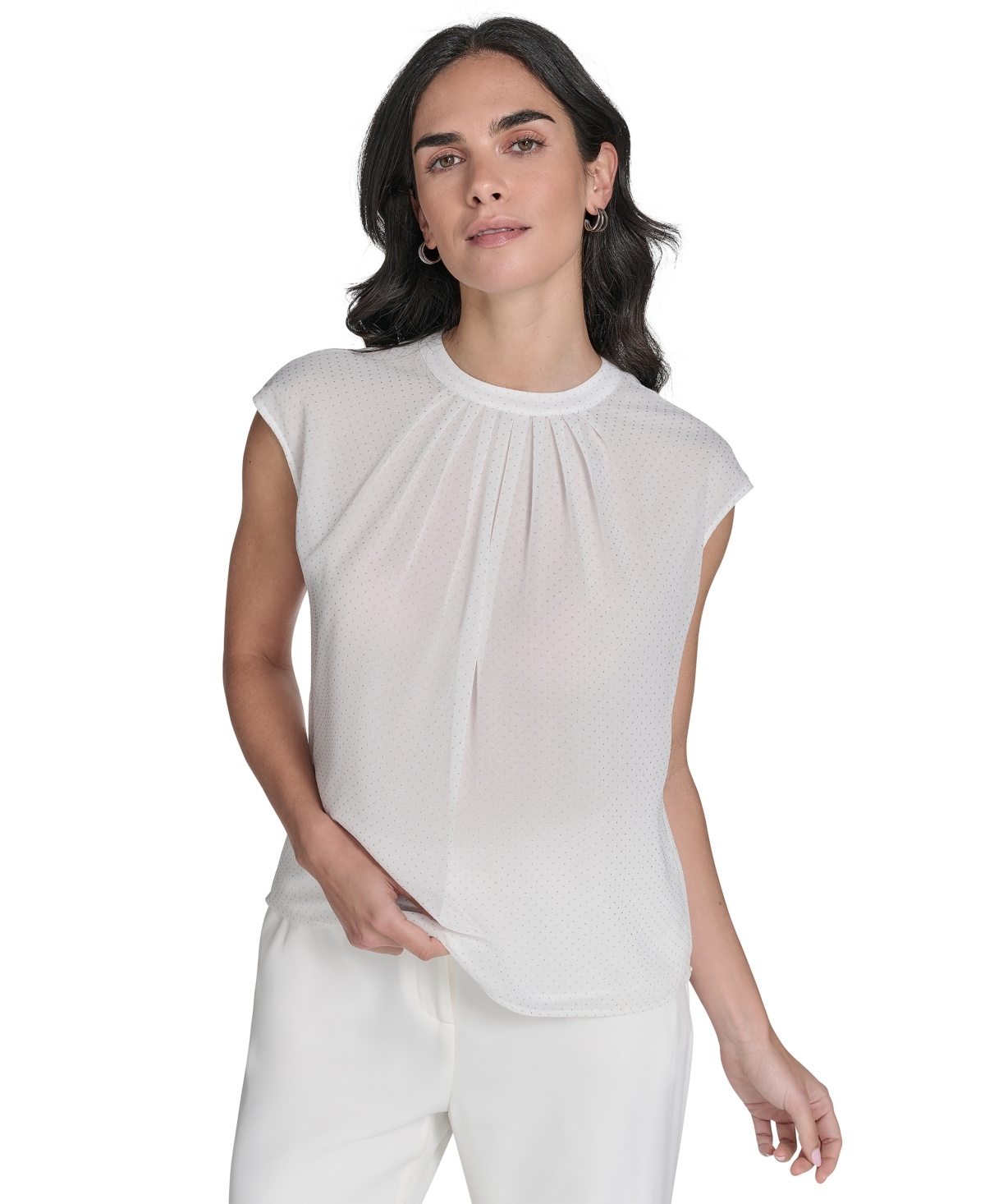Calvin Klein Women's Studded Cap-sleeve Crewneck Blouse In White