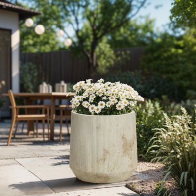 2-Piece Marble Off-White Ribbed Texture MgO Planter Set, Indoor and Outdoor