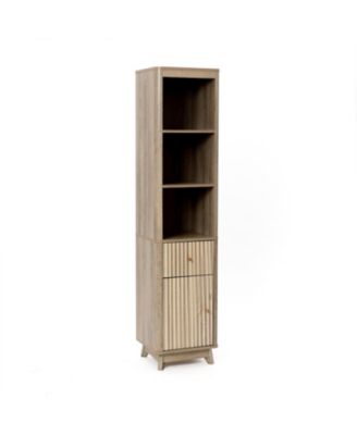 Natural Finish Wave-Patterned Manufactured Wood 1-Drawer 1-Door Bathroom Tower Cabinet