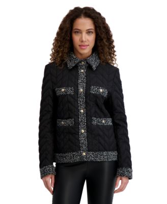 KARL LAGERFELD PARIS - Women's Quilted Tweed-Trim Coat