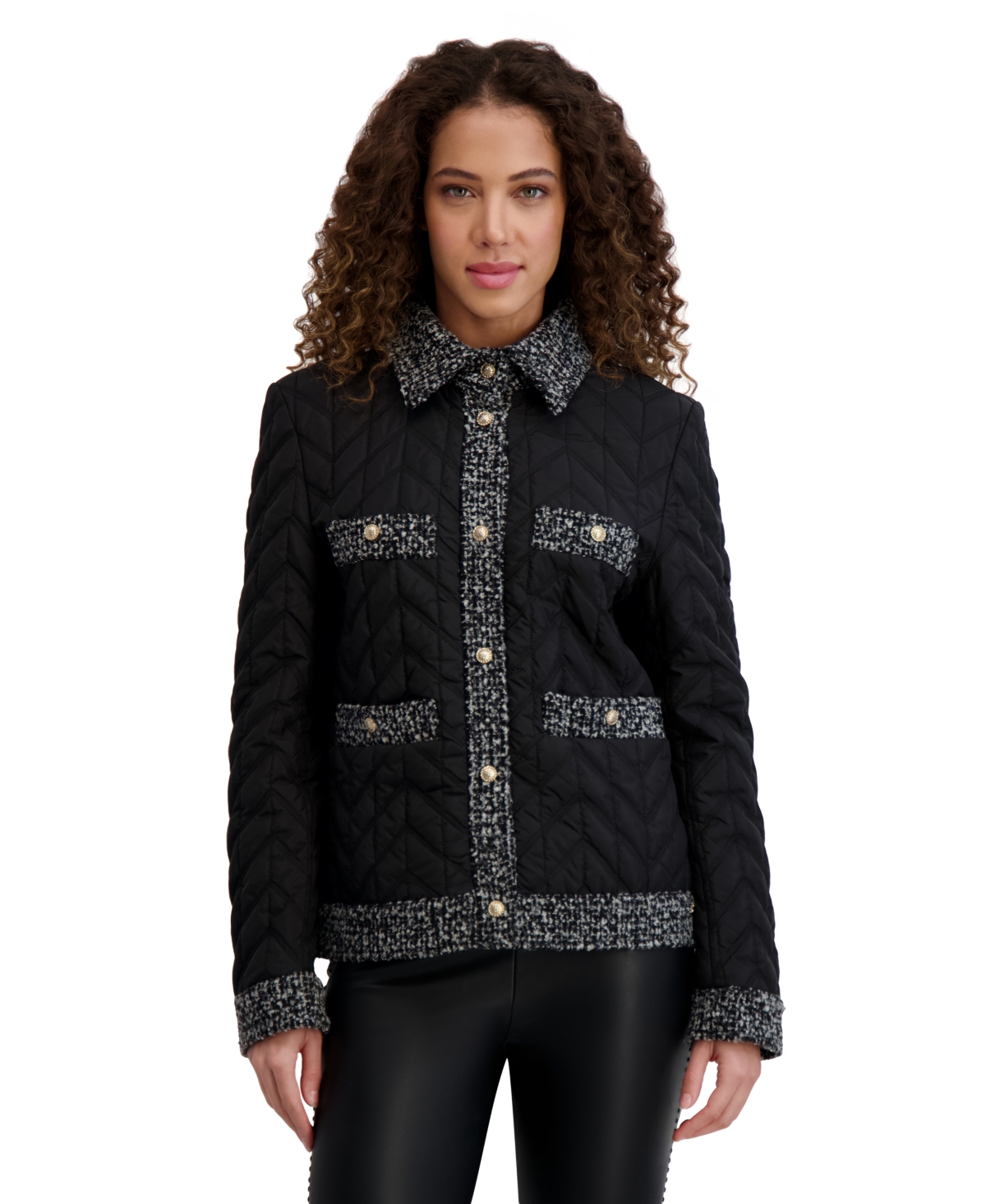 Karl Lagerfeld Women's Quilted Tweed-trim Coat In Black