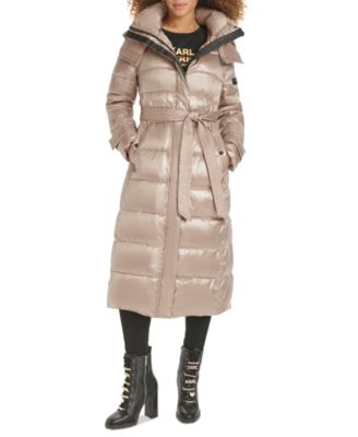 Karl Lagerfeld Womens Shine Hooded Belted Puffer Coat