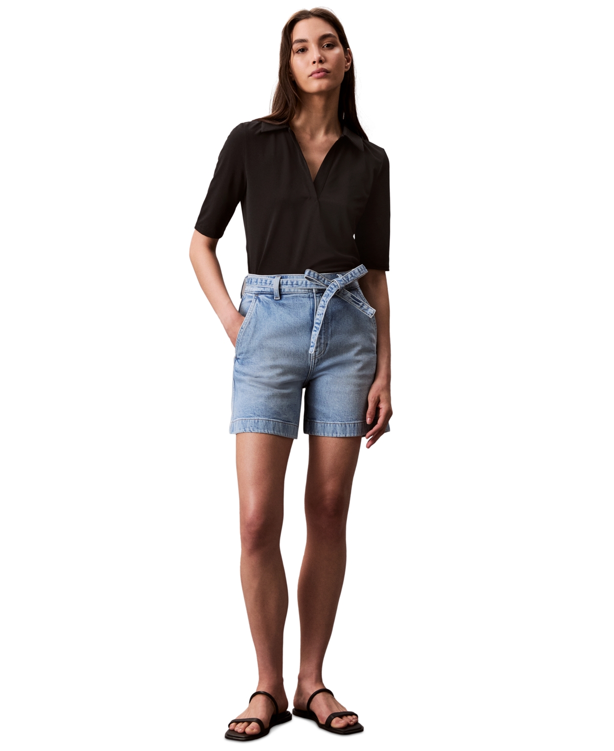 Women's High Rise Tie Waist Denim Shorts - Hazy Sky
