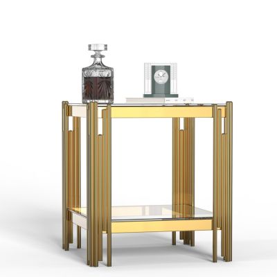 Top and Bottom Double Layer Tempered Glass End Table and Mirror Finished Stainless Steel Frame