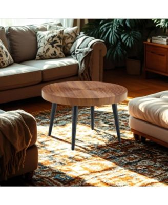 Natural Wood Round Coffee Table - 23.6" Diameter, Black Metal Leg