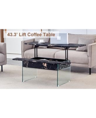 Multifunctional Lift Top Coffee Table with Tempered Glass Legs in Black Marble Pattern