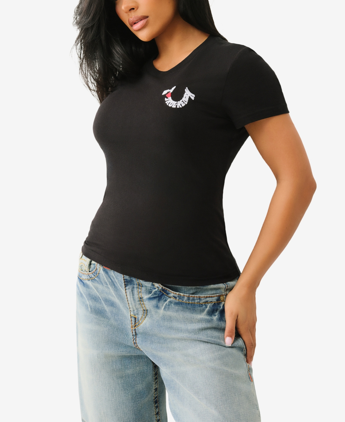 TRUE RELIGION WOMEN'S SS EMBROIDERED HORSESHOE CREW NECK T-SHIRT 