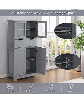 4 Door Freestanding Bathroom Floor Storage Cabinet with 2 Drawers and Glass Doors