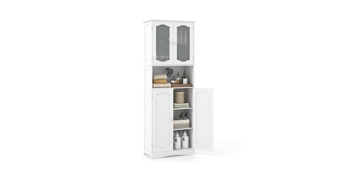 64.5 Inches Tall Bathroom Storage Cabinet with Frost Glass Doors and Shelves - White