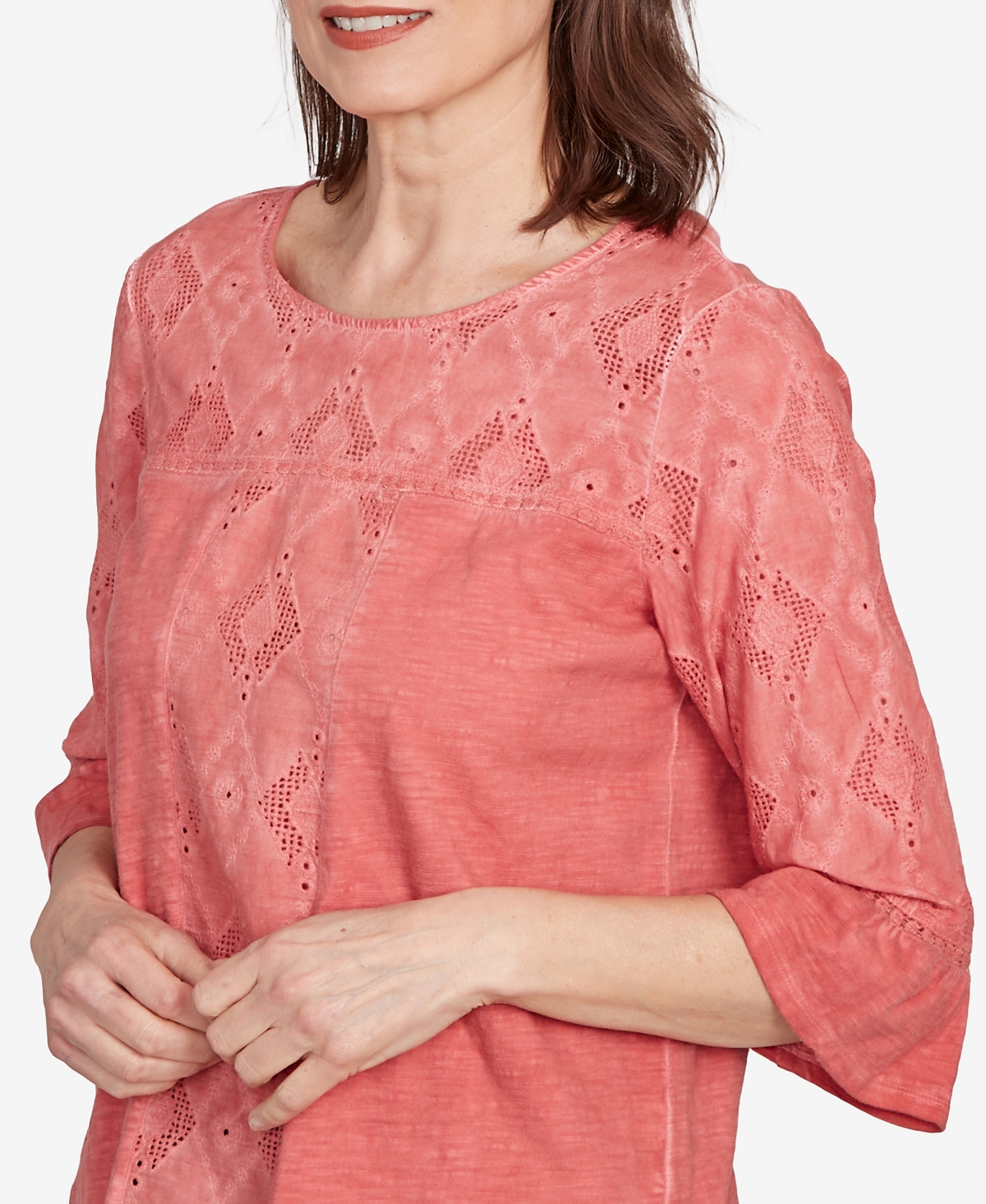 Alfred Dunner Petite El Paso Diamond Textured Spliced Bell Sleeve Top In Pink