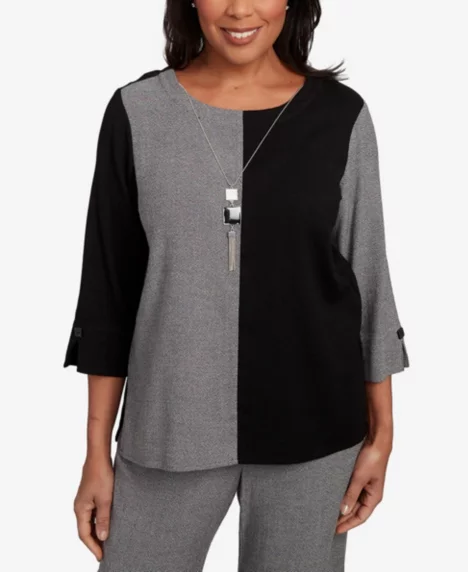 Petite Santa Barbara Center Sliced Crew Neck Top with Necklace - Black/Grey
