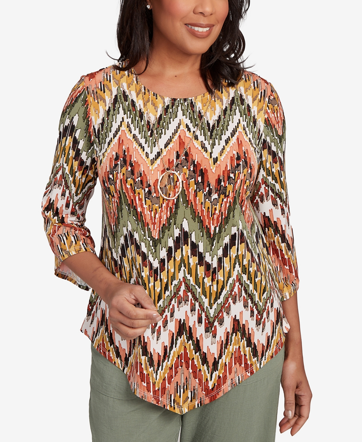Petite Copper Canyon Ikat Chevron Crew Neck Top with Necklace - Olive Multi