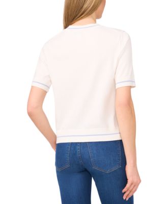 Women's Cotton Contrast-Stripe Short-Sleeve Sweater