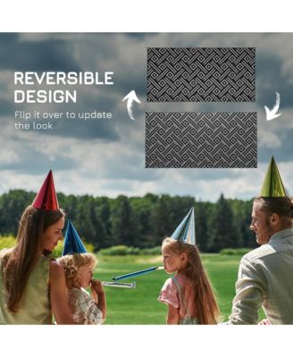 Reversible Outdoor Rug, 9' x 18' Waterproof Plastic Straw Floor Mat, Portable RV Camping Carpet with Carry Bag, Large Floor Mat for Backyard, Deck, Picnic, Beach, Black & Gray Geometric