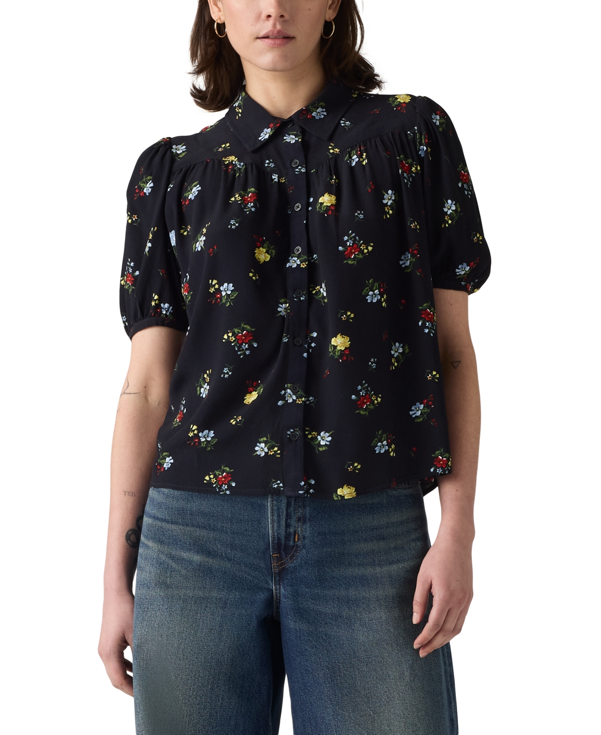 Women's Lea Printed Puff-Sleeve Slim-Fit Blouse - My World Is Blue