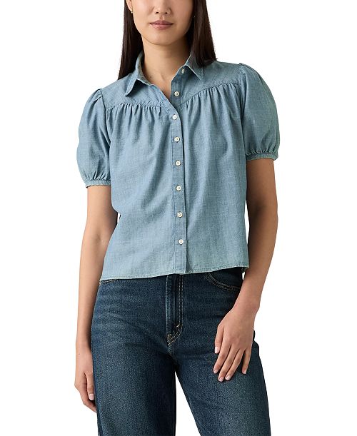 alfani Levi's Women's Lea Printed Puff-Sleeve Slim-Fit Blouse Women's Fashion Shoes & Accessories