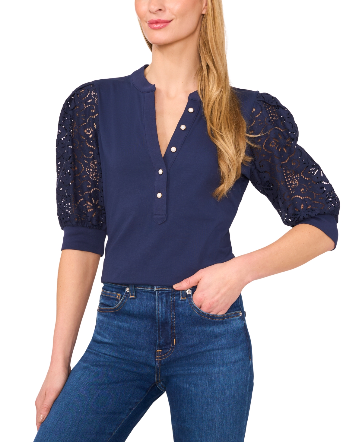 Women's Cotton Puffed-Sleeve Mixed-Media Top - Classic Navy