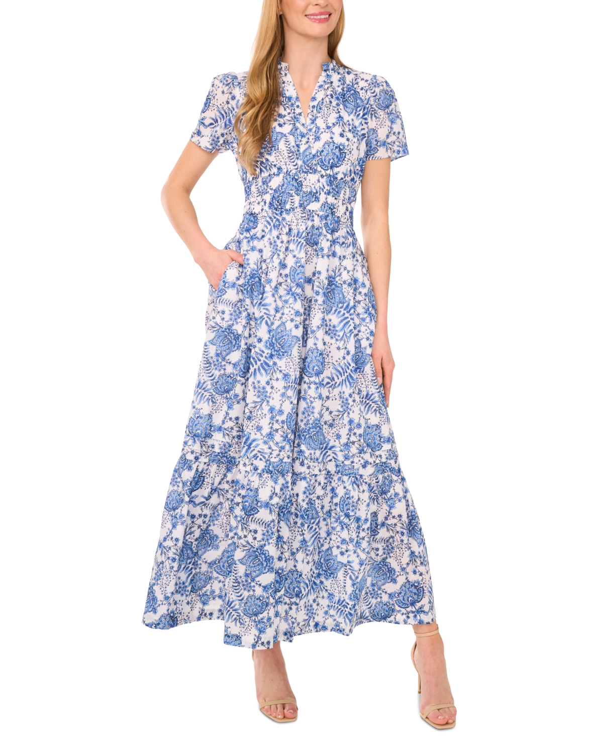 Women's Floral V-Neck Short-Sleeve Maxi Dress - Ultra White