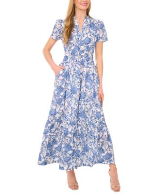 CeCe Women's Floral V-Neck Short-Sleeve Maxi Dress - Macy's
