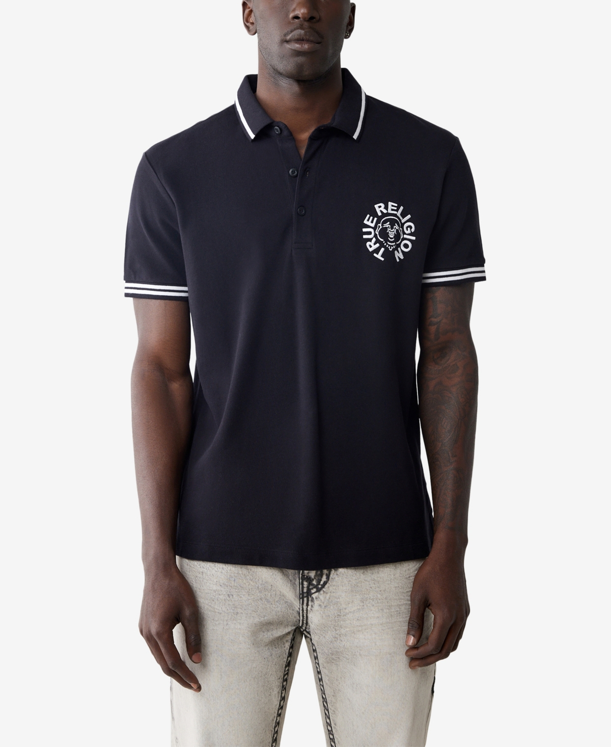 True Religion Men's Short Sleeve Buddha Face Polo Shirt In Blue