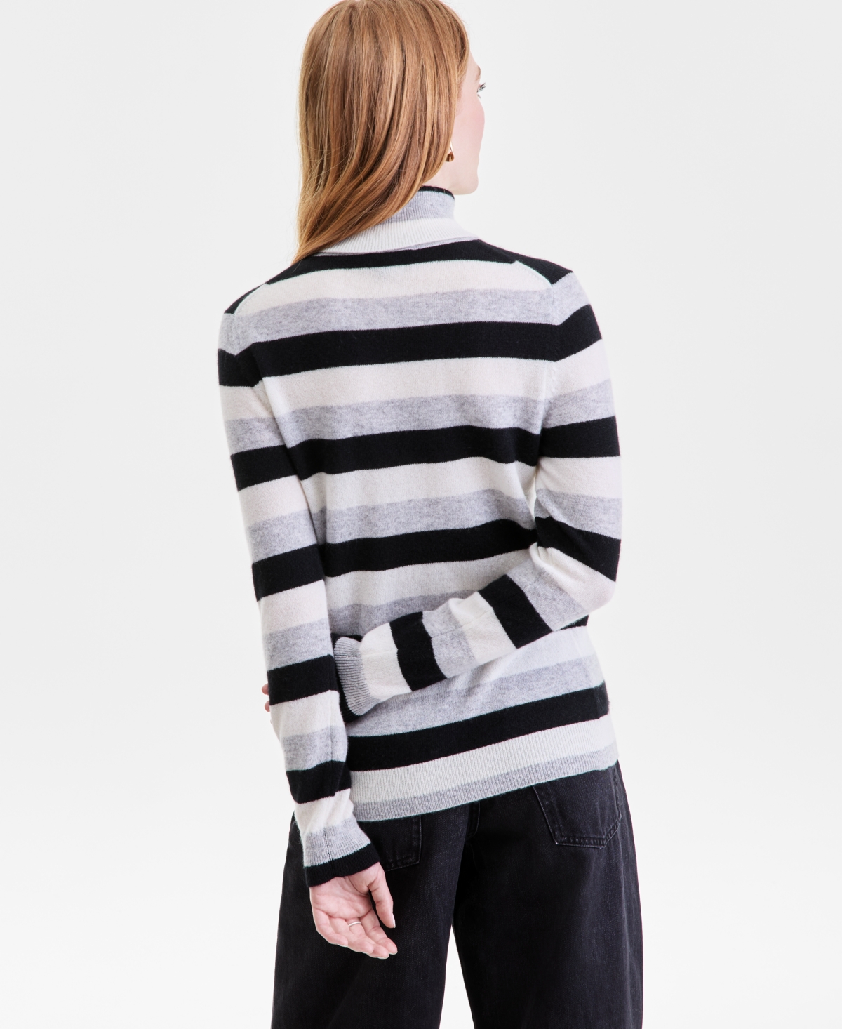 Charter Club Women's 100% Cashmere Multi-stripe Turtleneck Sweater, Macy's Exclusive In Gray