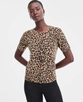 Charter Club - Women's 100% Cashmere Leopard-Print Short-Sleeve Sweater