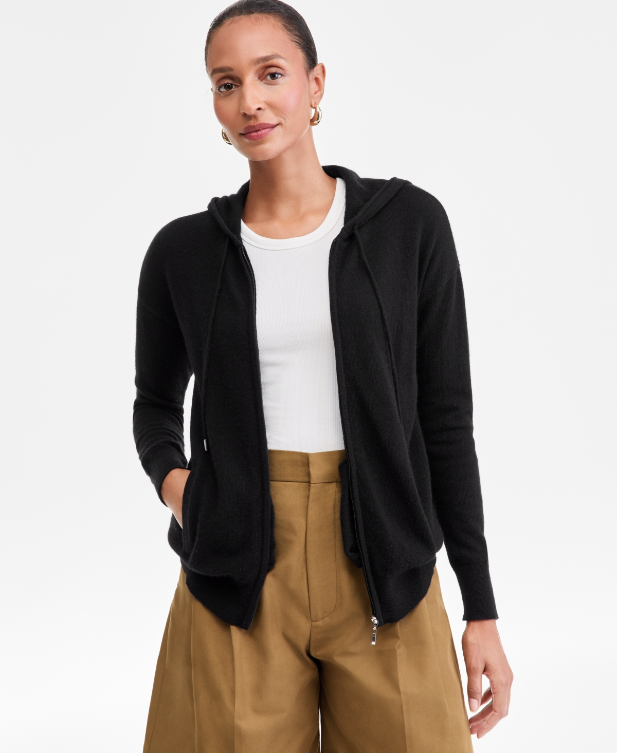 Women's 100% Cashmere Zip Hoodie, Macy's Exclusive - Classic Black