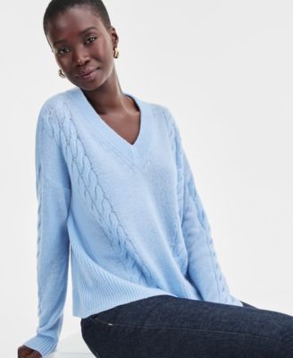 Women's 100% Cashmere Placed Cable-Knit V-Neck Sweater, Macy's Exclusive