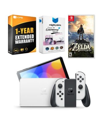 Switch White OLED Console with The Legend of Zelda Breath of the Wild, MightySkins Console and Controller Skin Voucher, and 1 Year CPS Extend
