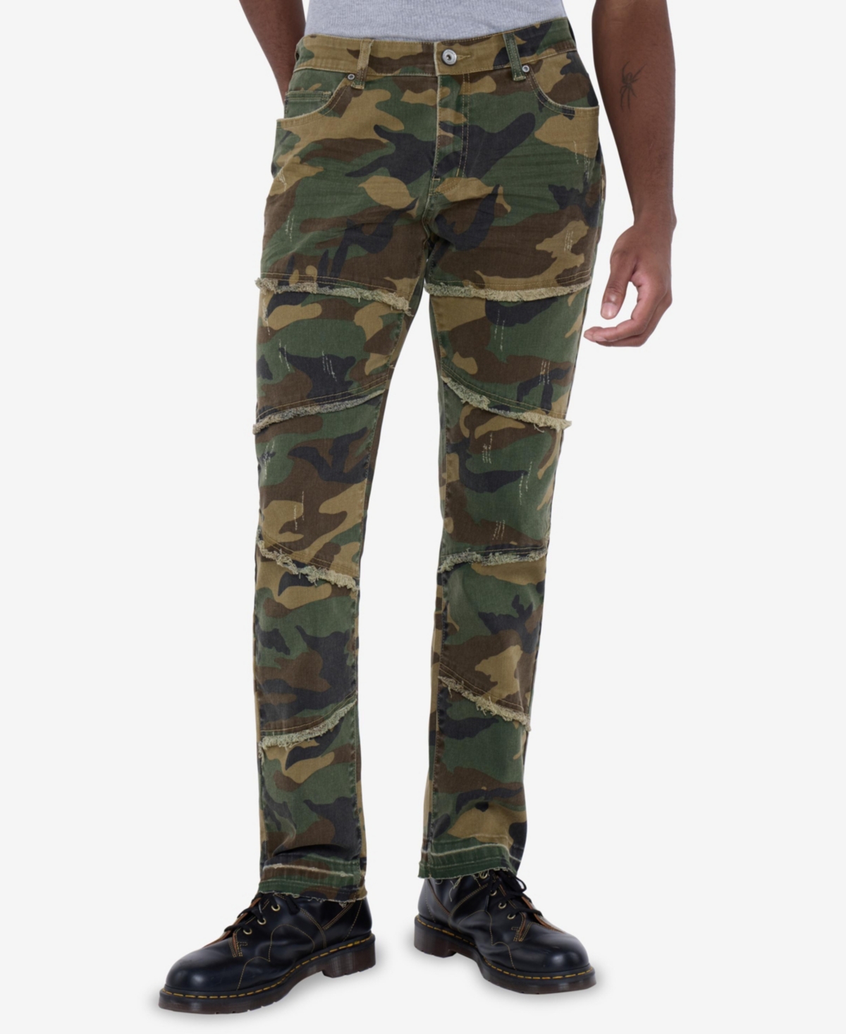 Men's Printed Pieced Fringed Stacked Jeans - Olive camo